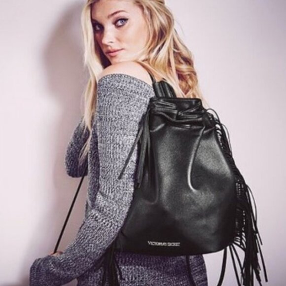 Victoria's Secret Vegan Leather Black Drawstring Fringe Tassel Backpack   NWOT - Picture 6 of 12